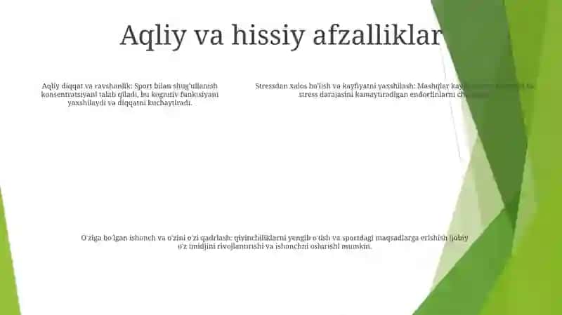 Muntazam jismoniy mashqlar: Sport sog'lom vaznni saqlash, surunkali kasalliklar xavfini kamaytirish va umumiy jismoniy tayyorgarlikni yaxshilash 4