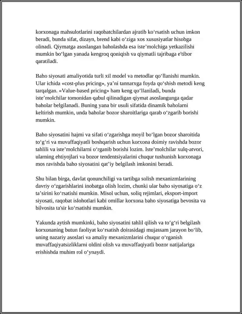 Korxona Baxo Siyosati Tahlili 4