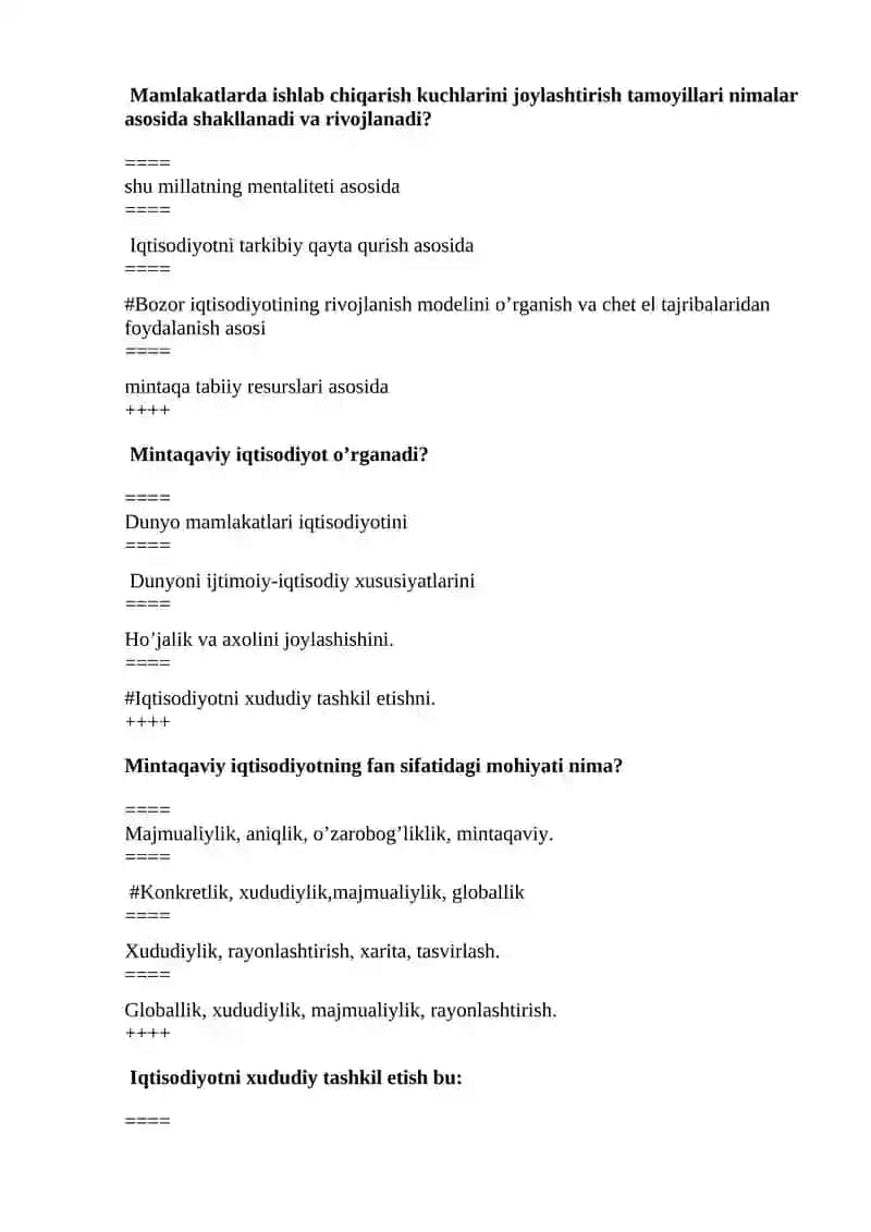 MINTAQAVIY  IQTISODIYOTI YAKUNIY TESTLAR JAVOBLARI BILAN 4