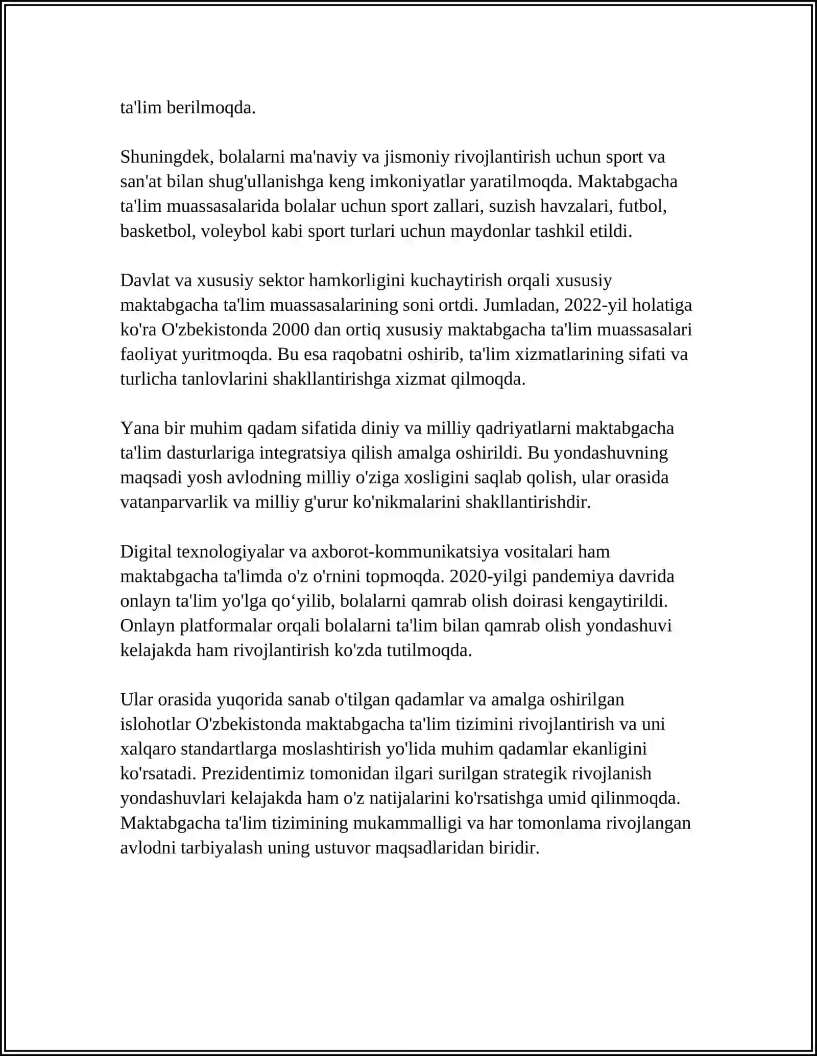 O'ZBEKISTON MUSTAQILLIKKA ERISHGANDAN KEYIN KEYINGI DAVRDAGI MAKTABGACHA TA'LIM MUSTAQILLIK YILLARIDA MAKTABGACHA TA'LIM TIZIMIGA YANGICHA YONDASHUV 4