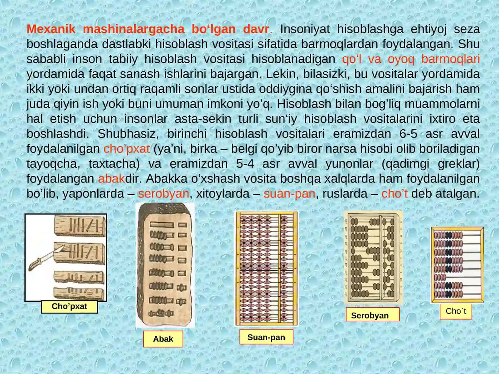 Hisoblash texnikasining rivojlanish tarixi Informatika-8 1-dars 4