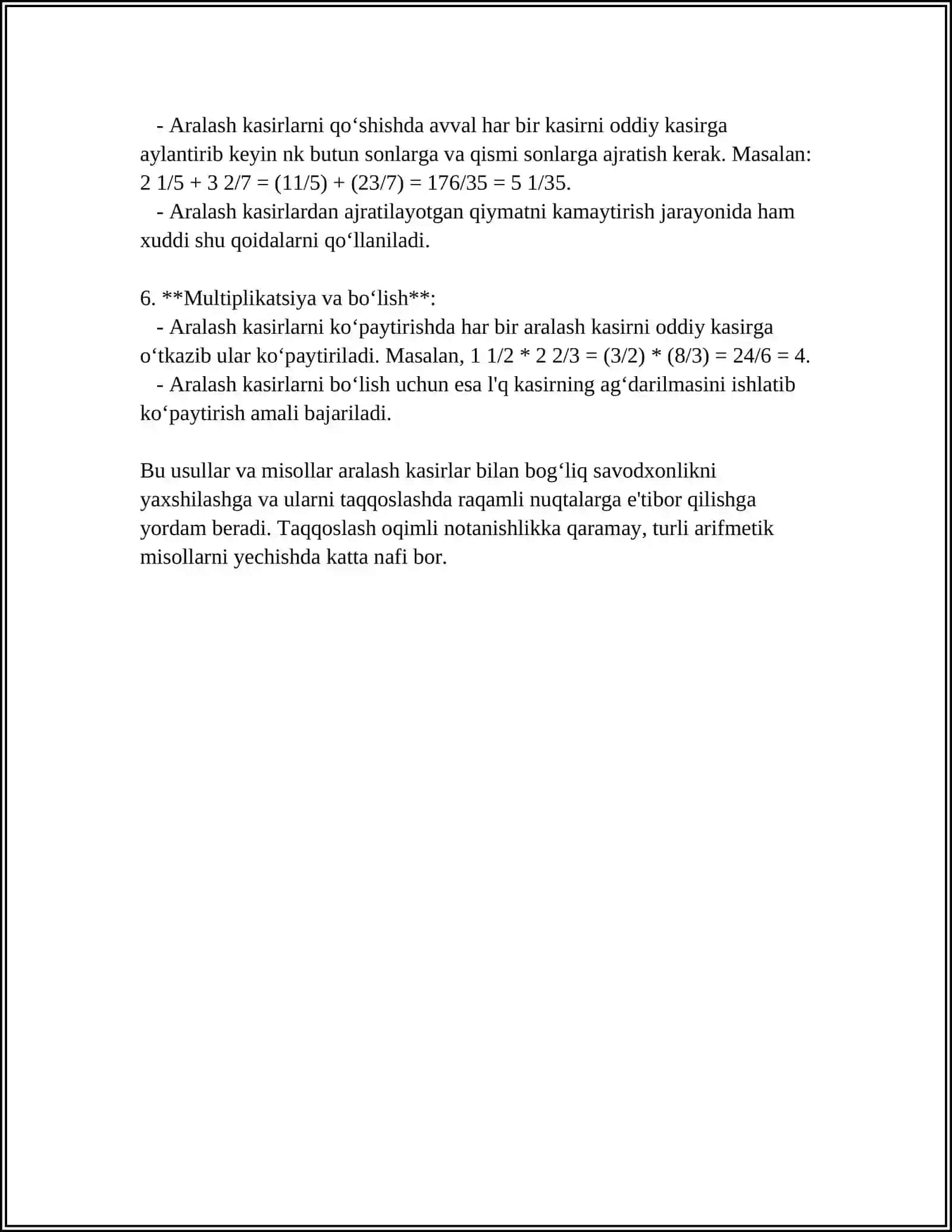 REFERAT: ARALASH KASIRLARNI QO'SHISH VA AYIRISH 4