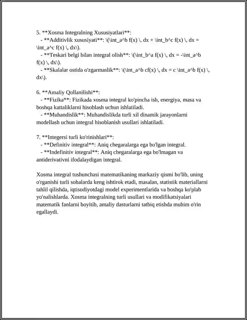 XOSMAS INTEGRALLAR.CHEKSIZ ORALIQ BOʻYICHA XOSMAS INTEGRAL 4