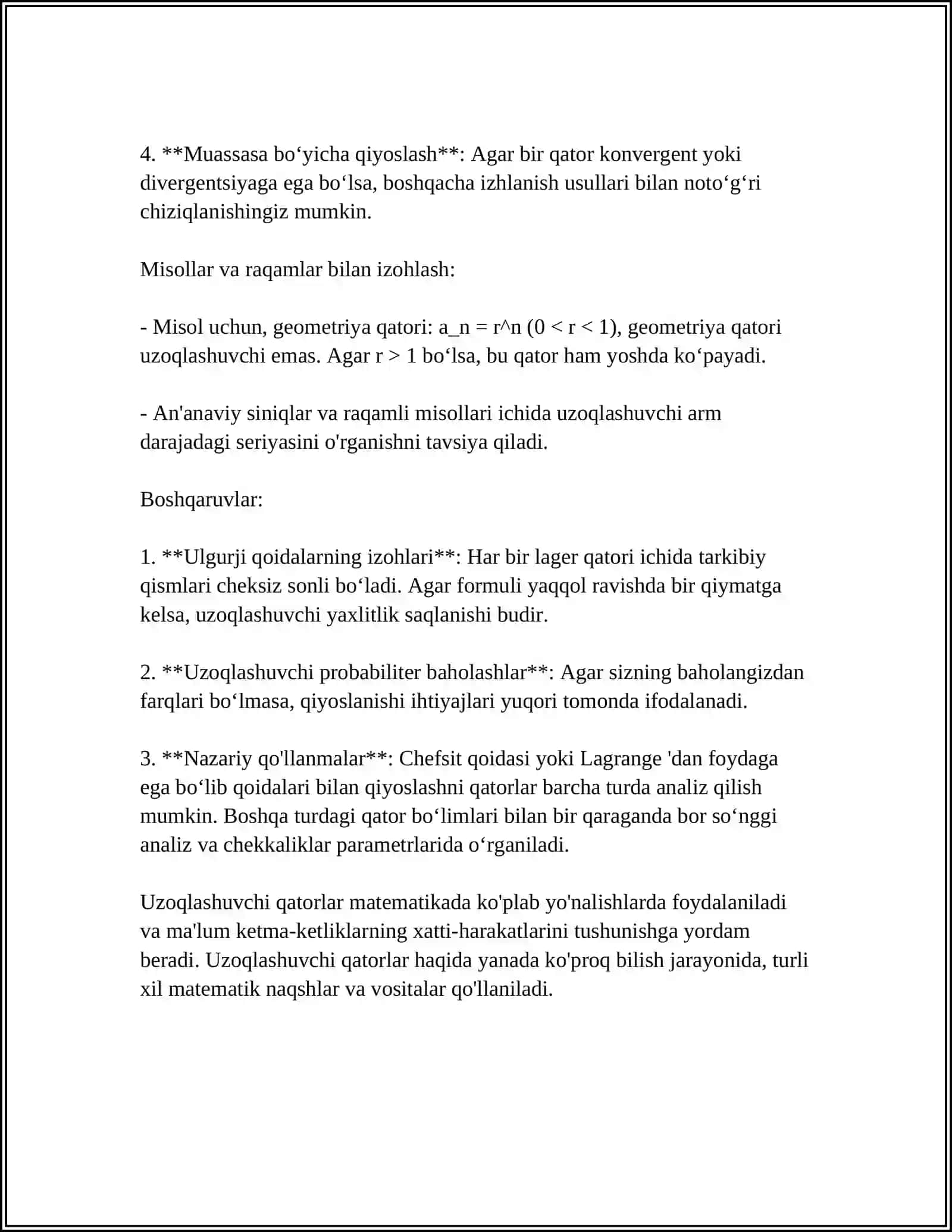 “UZOQLASHUVCHI QATORLARNI JAMLASH (E.CHEZARO, N.ABEL USUSLI)”, “CHEKSIZ KO„PAYTMALAR” 4