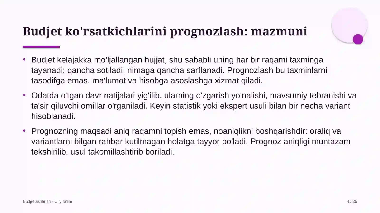Zargarlik sanoatida budjet ko'rsatkichlarini prognozlash 4