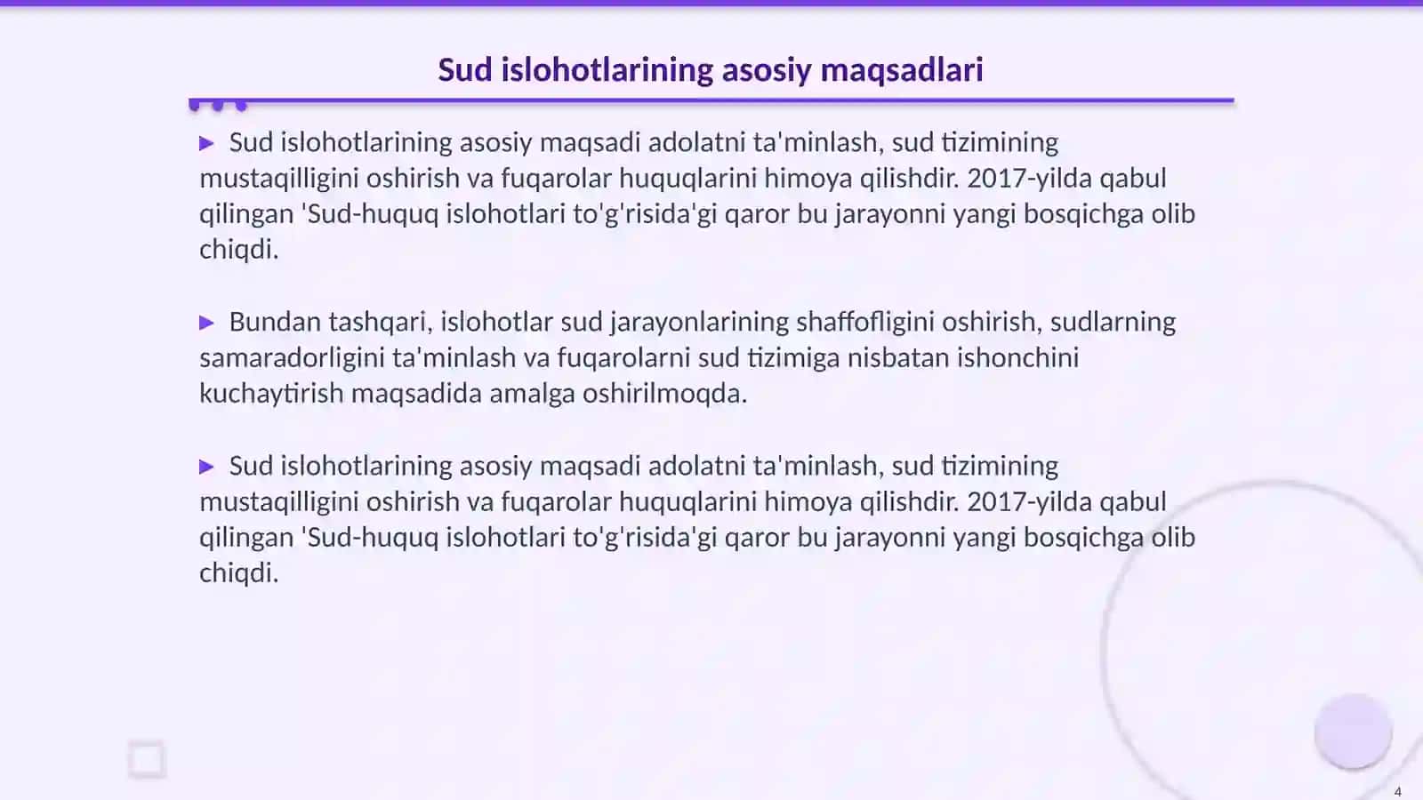 Sud huquq tizimi islohotlari Oʻzbekiston tarixi fanidan 4