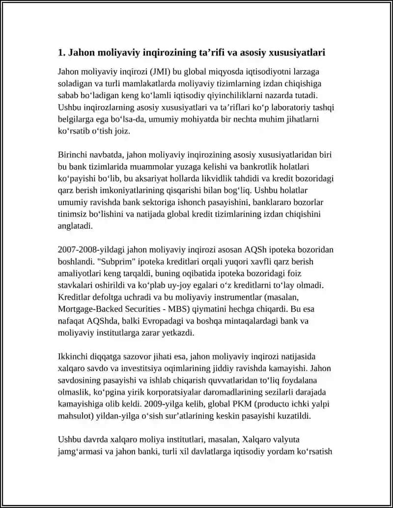 Jahon Moliyaviy Inqirozining Yuza Kelishi Sabablari va Undan Chiqish Yo‘llari 4
