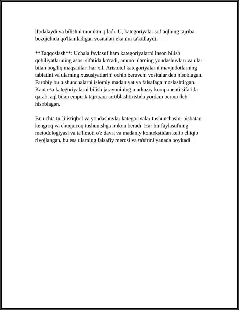 Aristote, Farobi va Kantning kategoriyalari 4