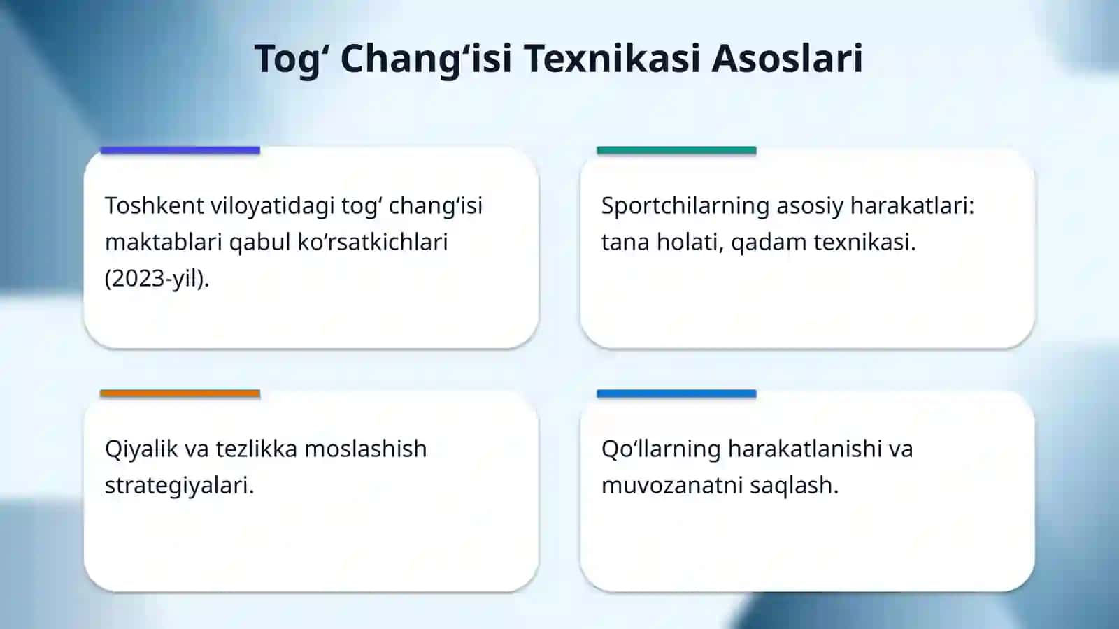 TO‘G‘ CHANG‘I SPORT TURINING TEXNIKASI VA O‘YIN QOIDALARI. 4