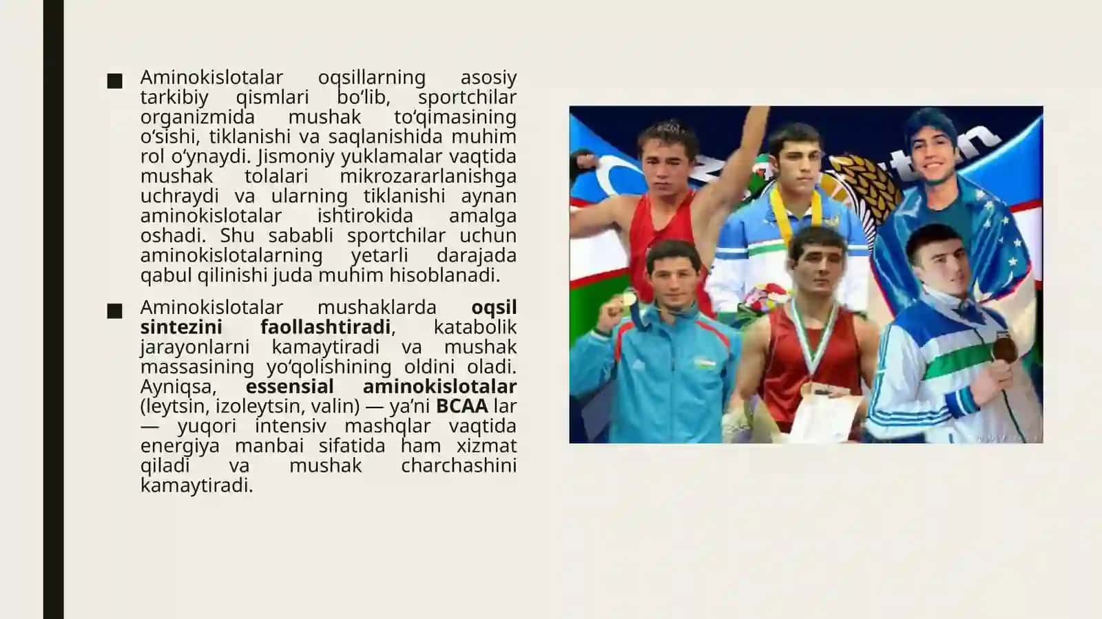 Aminokislotalarning sportchilar hayotidagi o'rni. 4