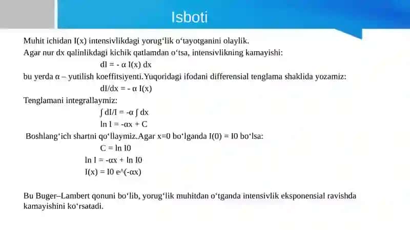 Ber-Buger qonunini hisoblab chiqarish va yutilish koeffitsiyentini tahlil qilish 4
