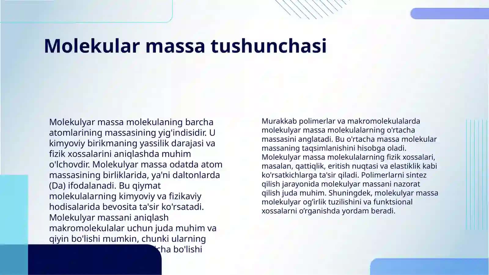 YUQORI MOLEKULYAR BIRIKMALARNING MOLEKULYAR MASSASI. MAKROMOLEKULA, POLIMER ZANJIRI 4
