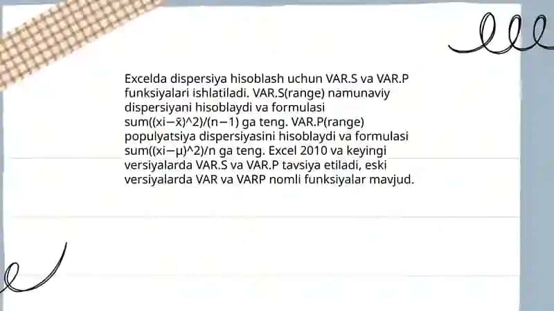 Microsoft Excel dasturida òrtacha kattaliklar dispersiya ishonchlilik intervali hisoblash 4