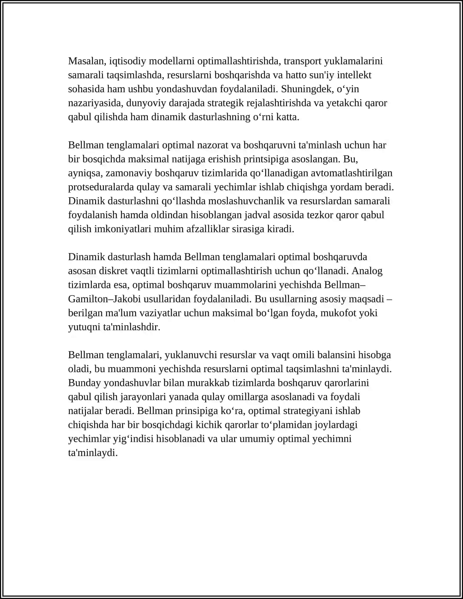 DINAMIK DASTURLASH USULI YORDAMIDA OPTIMAL BOSHQARUV MASALALARINI YECHISH 4