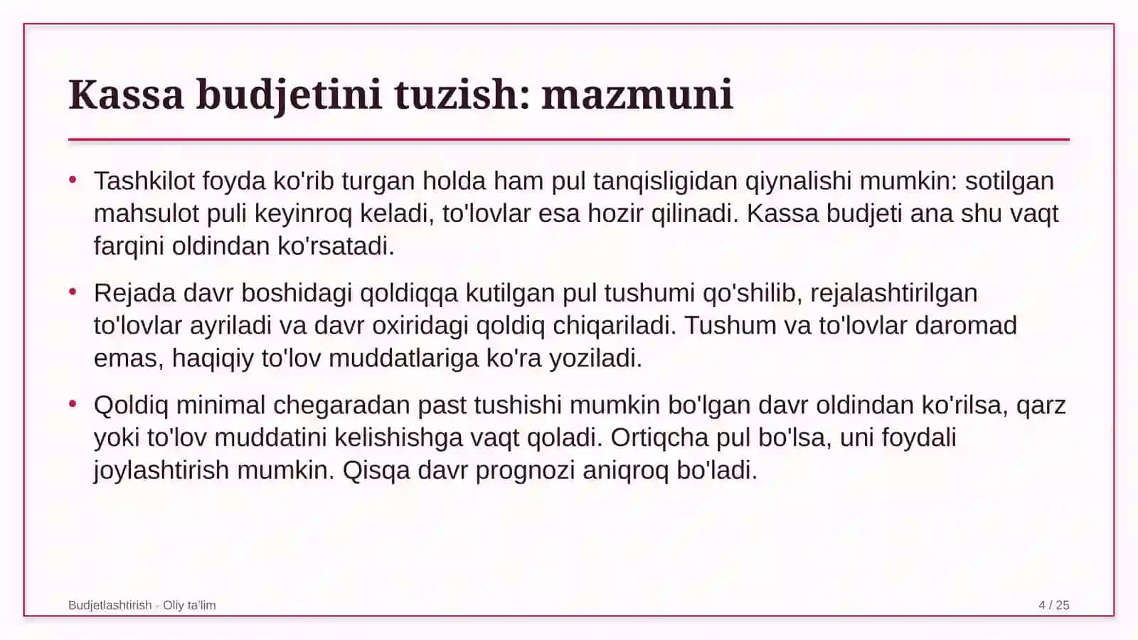 Bojsiz savdo do'konlarida kassa budjetini tuzish 4
