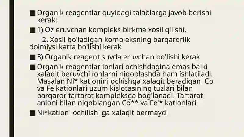 analitik kimyoda Organik reagentlarning qo'llanilishi 4