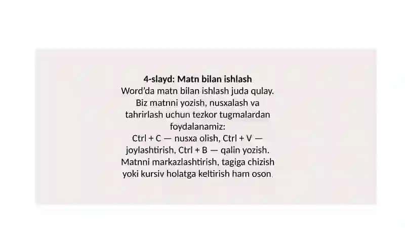 Word dasturida ishlash Matn muharririning asosiy imkoniyatlari 4