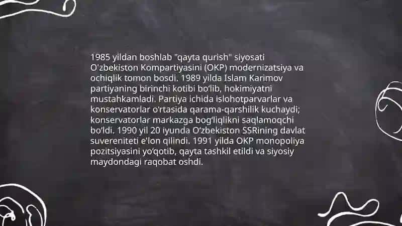 "Qayta qurish" yillarida O‘zbekistondagi ijtimoiy-siyosiy vaziyat mavzusida taqdimot tayyorlash 4