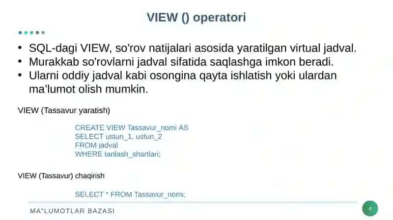 SQLda Tasavvurlar yaratish 4