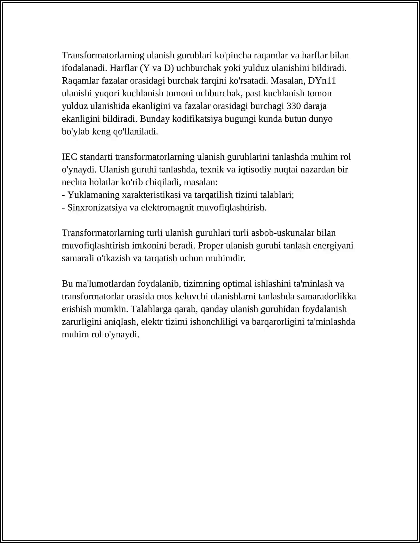 TRANSFORMATOR CHÕLĞAMLARINING ULANISH GURUHLARI VA TRANSFORMATORLARNI PARALEL ISHLASHI 4
