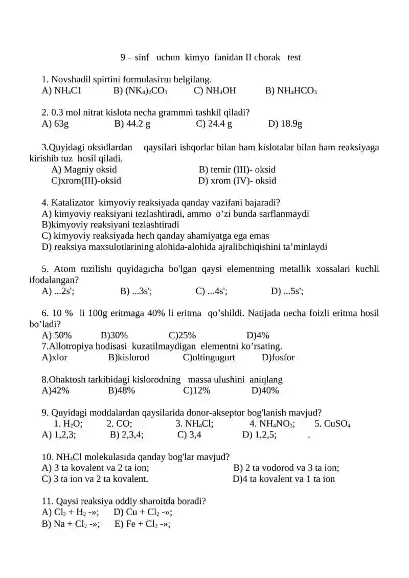 9-sinflar uchun kimyo fanidan test 4