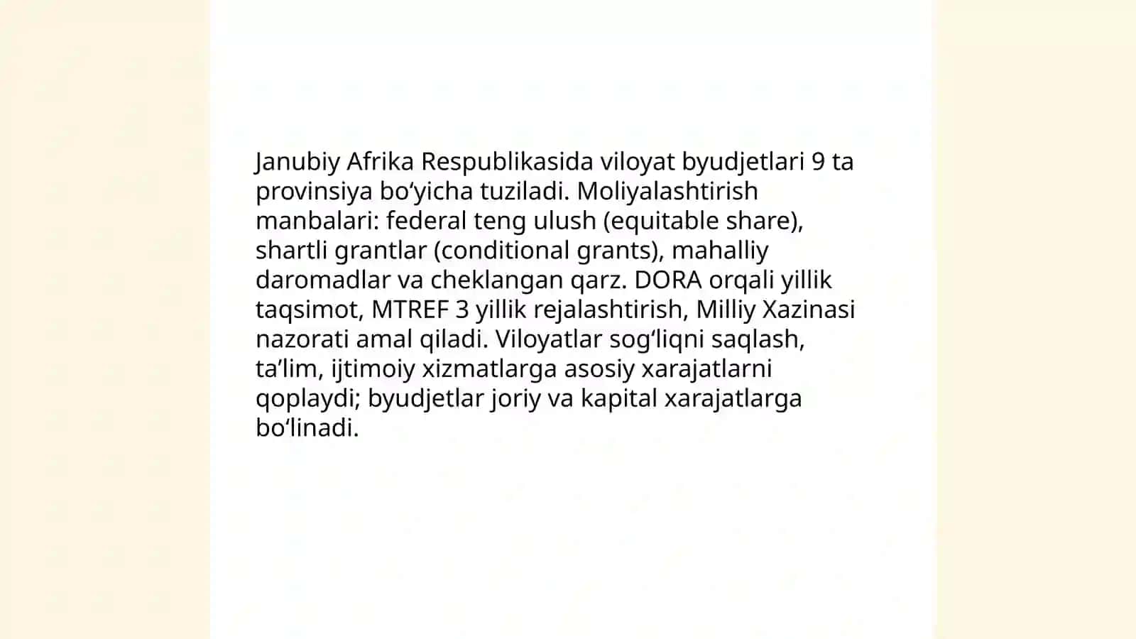 Janubiy Afrika Respublika mintaqalarning moliyalashtirish mexanizmlari 4