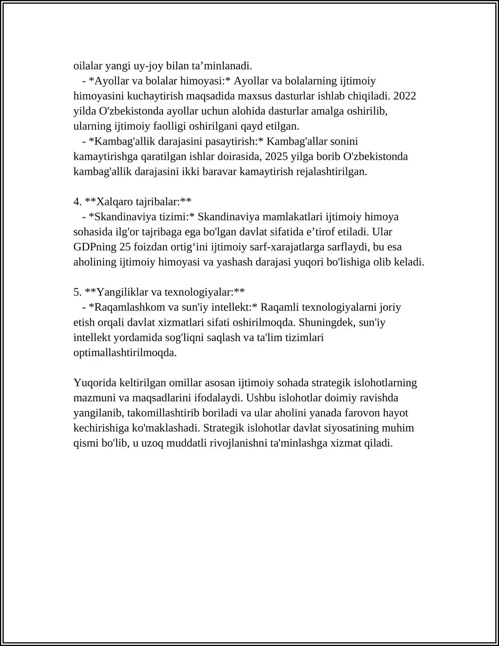 O‘ZBEKISTONDA IJTIMOIY SOHADA AMALGA OSHIRILAYOTGAN O‘ZGARISHLAR MAZMUN VA MOHIYATI 4