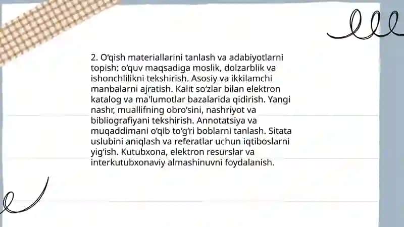 Ma’ruza va seminar mashg‘ulotlariga tayyorgarlik korish va uy ishlarini bajarish 4
