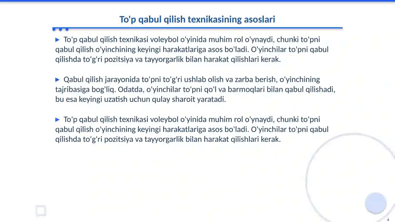 Voleybol o'yinida to'pni uzatish va qabul qilish texnikasini o'rganish 4