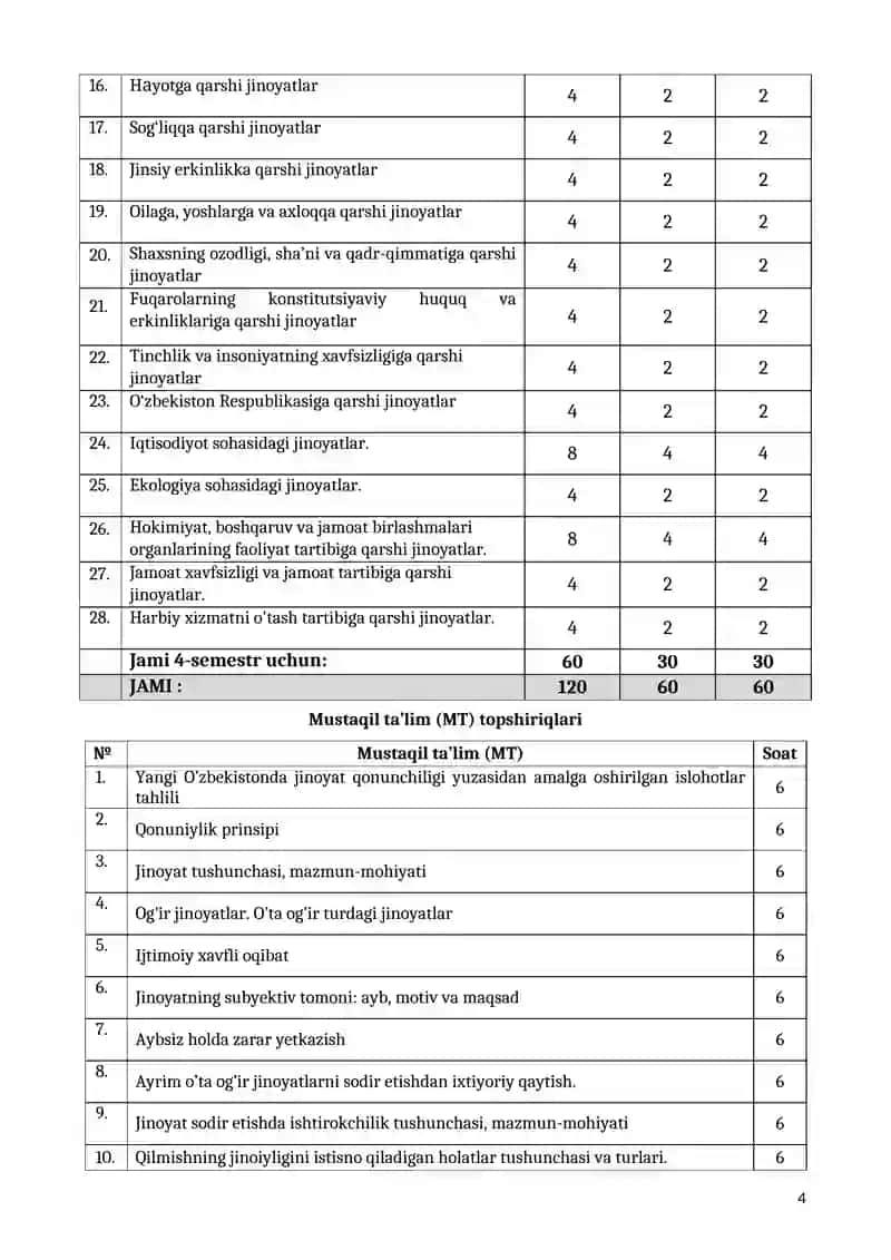 JINOYAT HUQUQI FANINING O'QUV DASTURI 4