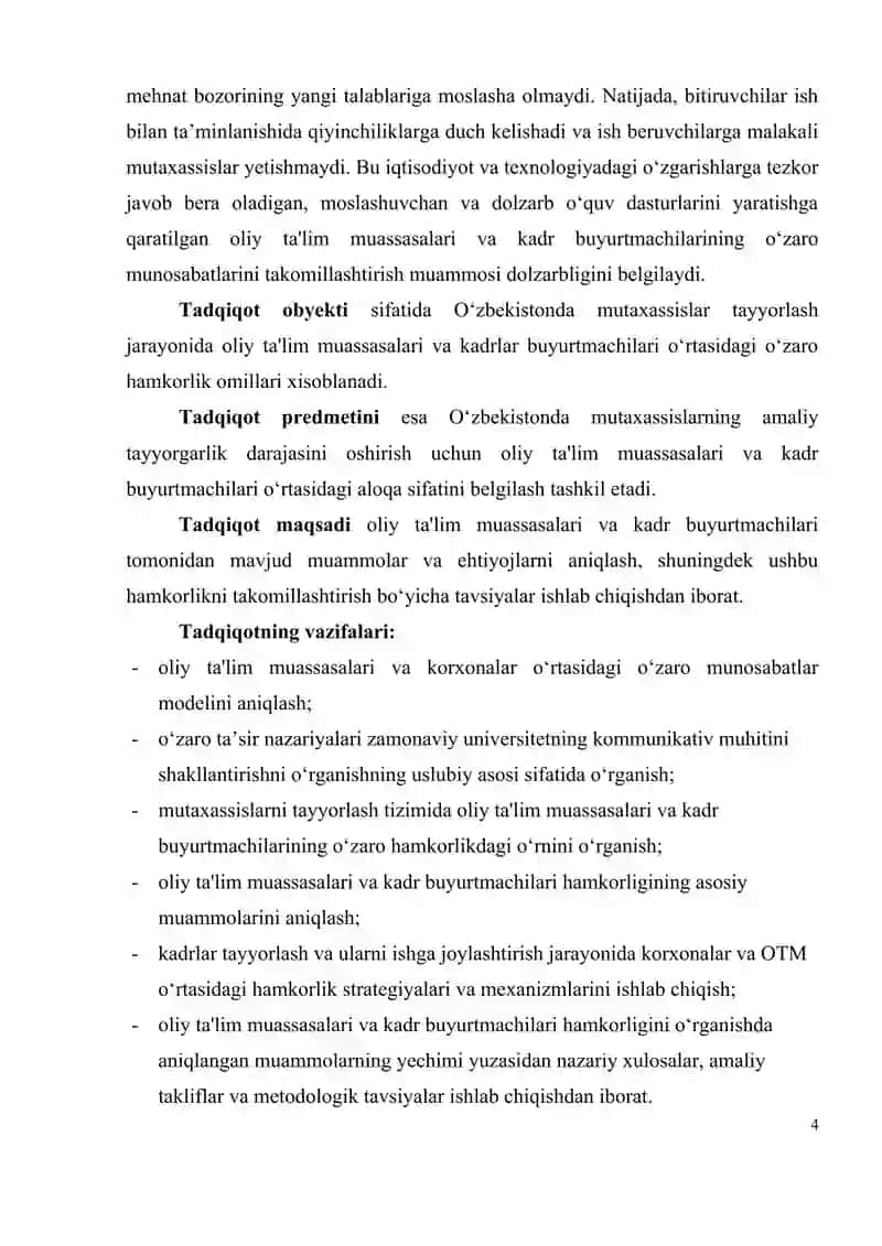 MUTAXASSISLAR TAYYORLASH TIZIMIDA OLIY TA'LIM MUASSASALARI VA KADR BUYURTMACHILARI HAMKORLIGINI TAKOMILLASHTIRISH 4