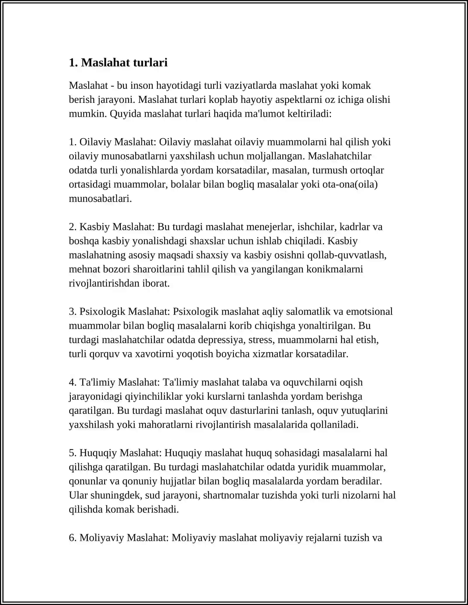 MASLAHAT TURLARI,QOIDALARI,MASLAXAT BERISH KOʻNIKMALARI.KOMMUNIKATSION TOʻSIQLAR.BEMORLARNING RUHIY HOLATI.OGʻIR VA OʻLAYOTGAN BEMORLAR BILAN MULOQOTNING OʻZIGA XOSLIGI 4
