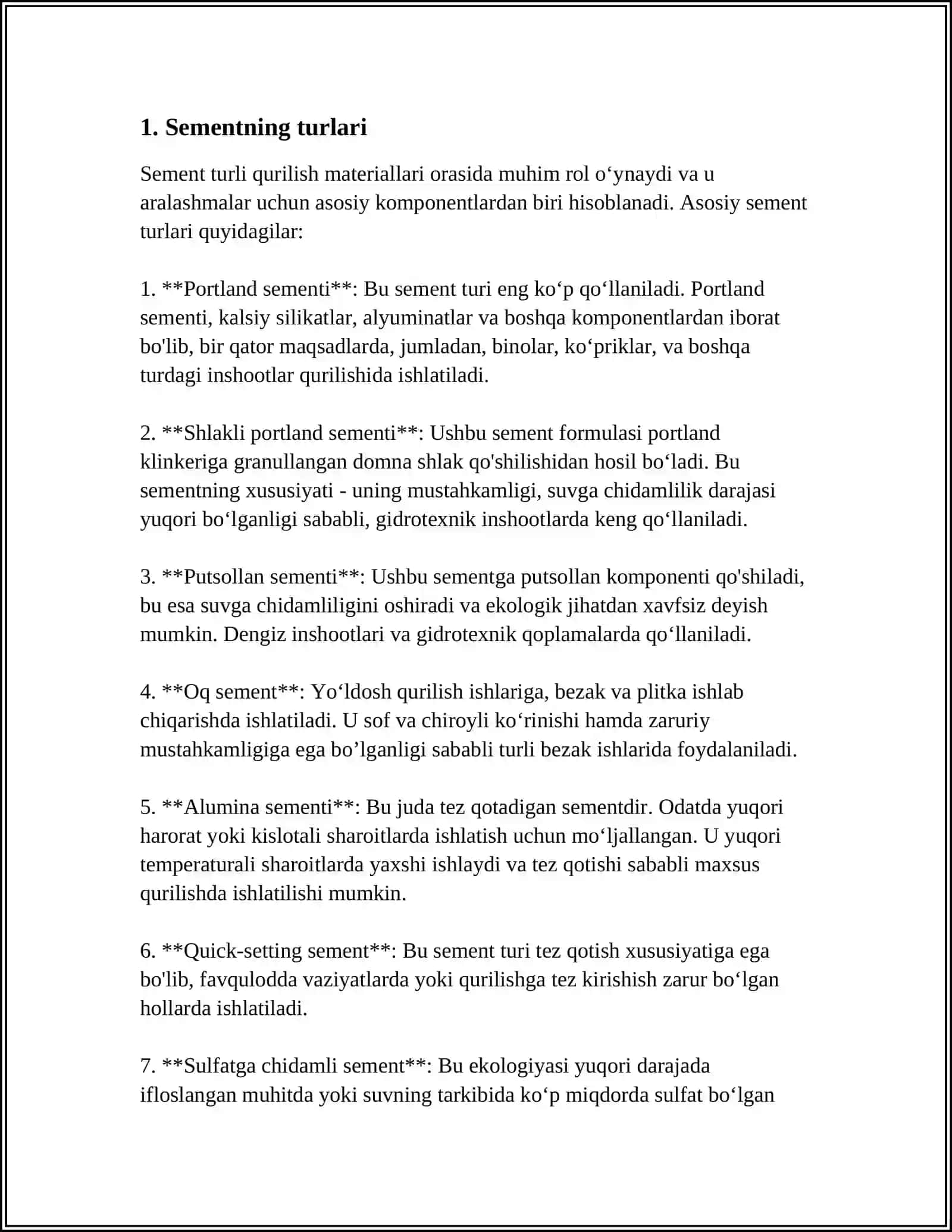 SEMENTNING MARKASI, SEMENT XAJMINING QUYUQLIGI 4