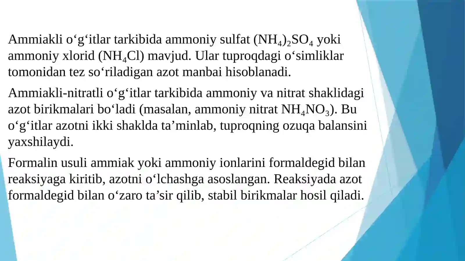 Ammiakli va ammiakli-nitratli o`g`itlar tarkibidagi azotni formalin usulida aniqlash 4