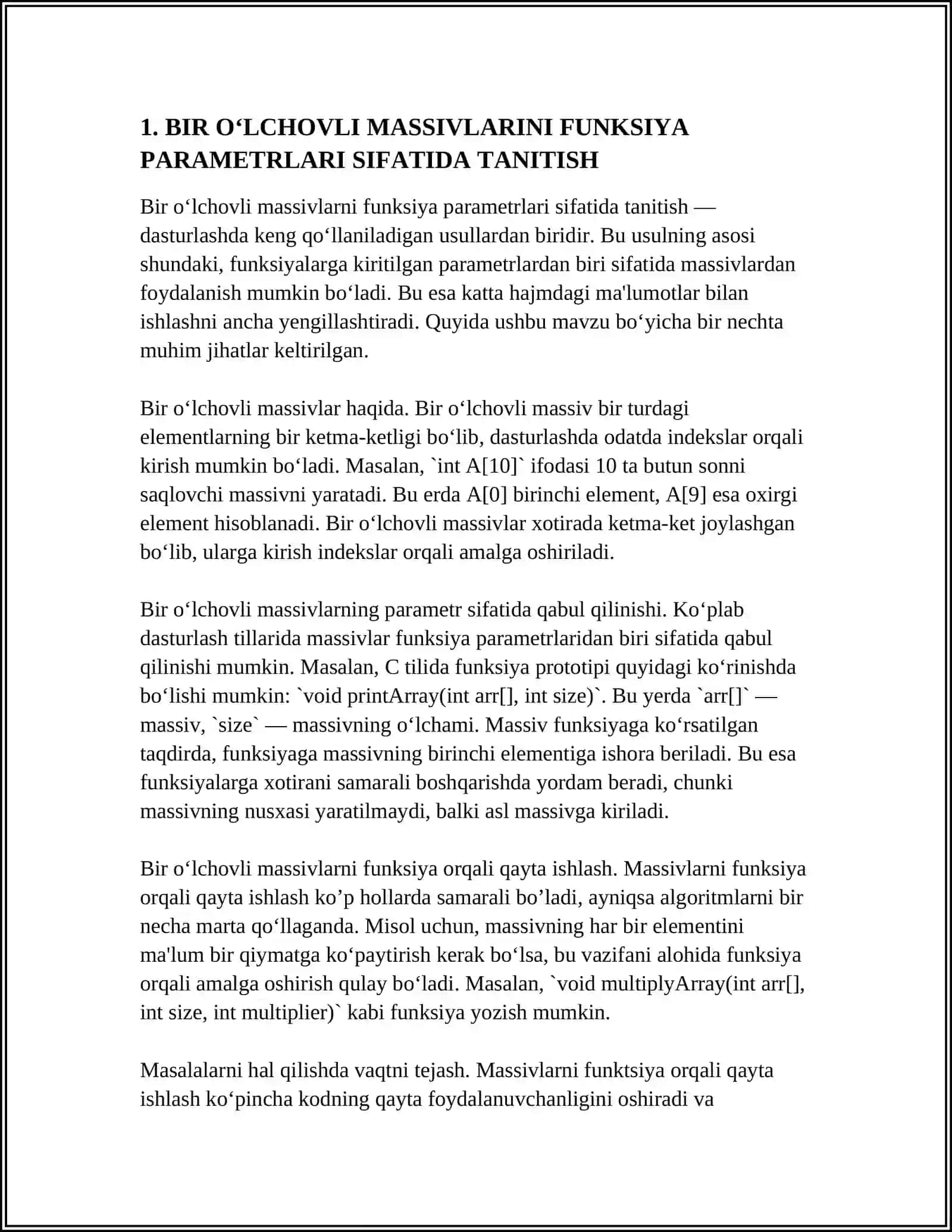 BIR O‘LCHOVLI MASSIVLARNI FUNKSIYA PARAMETRLARI SIFATIDA QO‘LLANILISHI 4