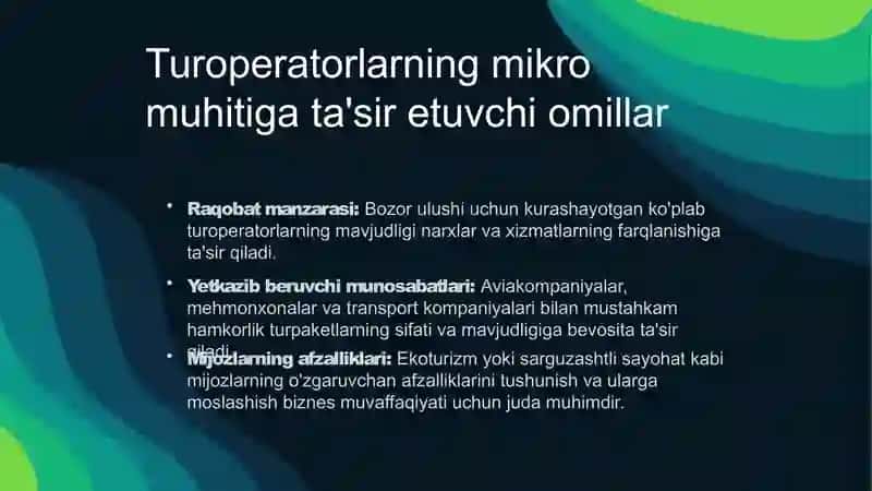 Turoperatorlarning turistik firmalarining mikro va makro muhitini o'rganish 4