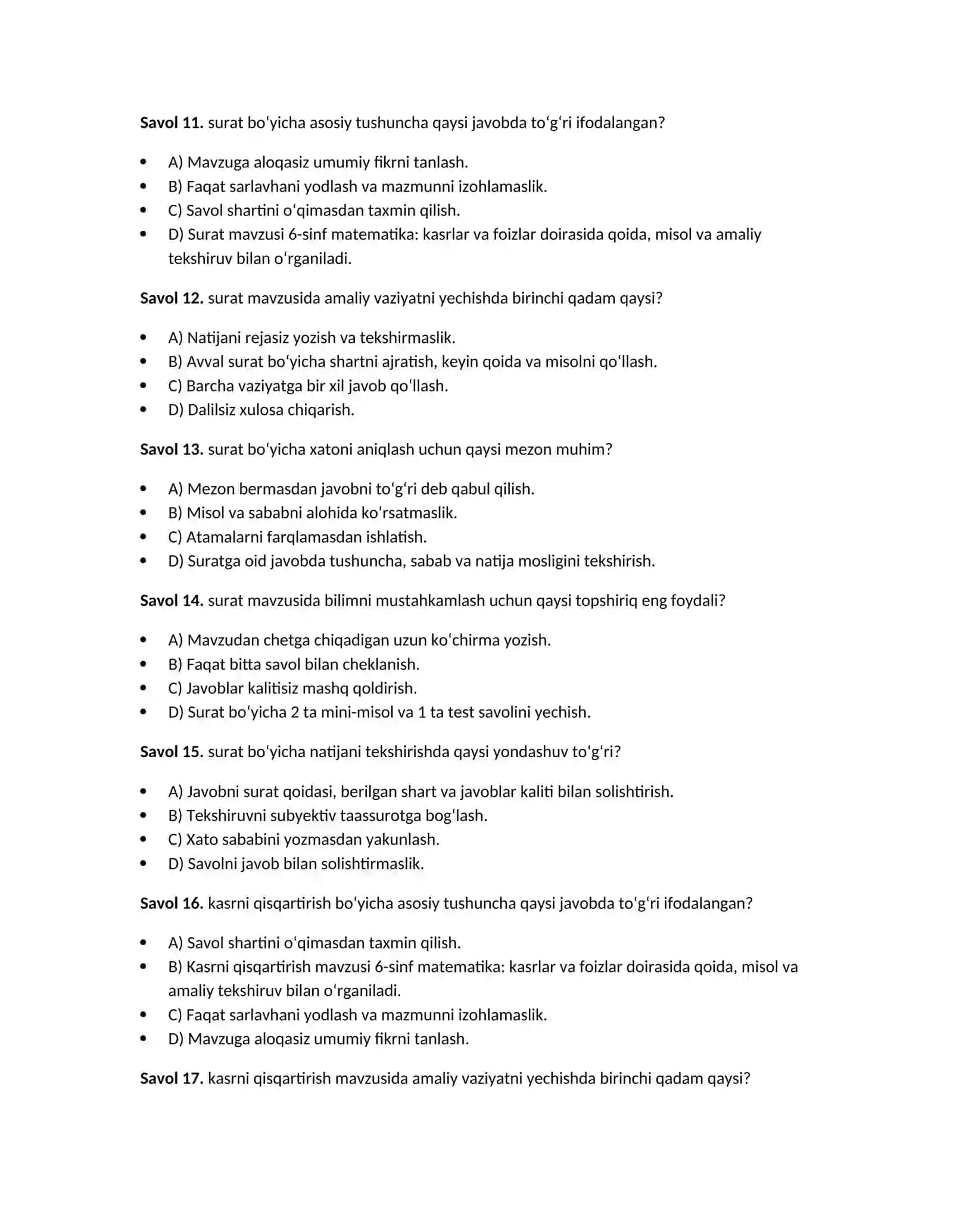 6-sinf matematika: kasrlar va foizlar — 100 test 4