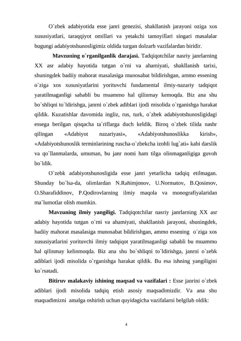 O`zbek adabiyotida essa janri va uning tadriji 4
