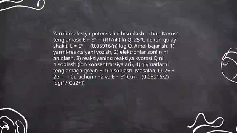Nernest tenglamasi. Oksidlanish Qaytarilish potensiali 4