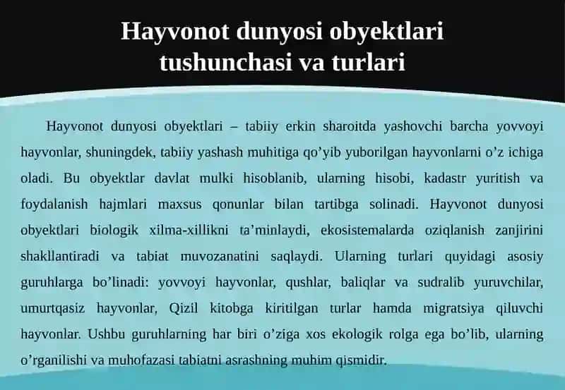 HAYVONOT DUNYOSINI OYEKTLARIVA ULARNI MUHOFAZA QILISH TALABLARI 4