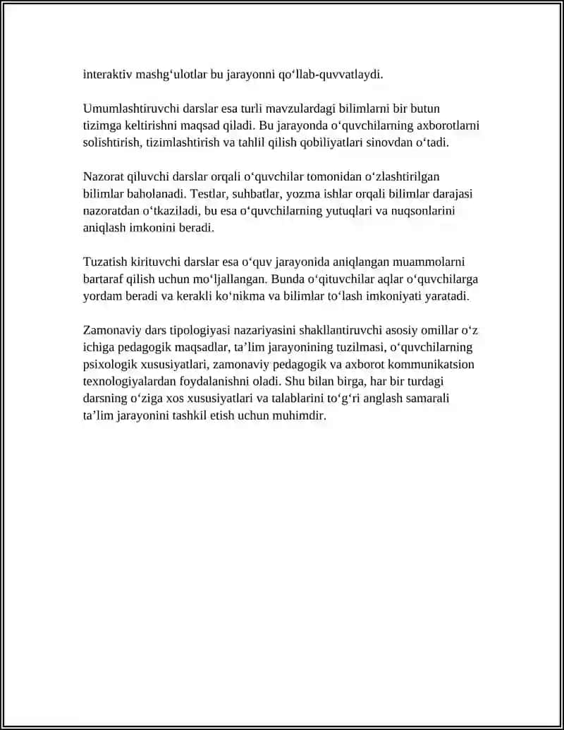 ZAMONAVIY DARS TIPOLOGIYASI VA UNGA QO'YILADIGAN TALABLAR 4