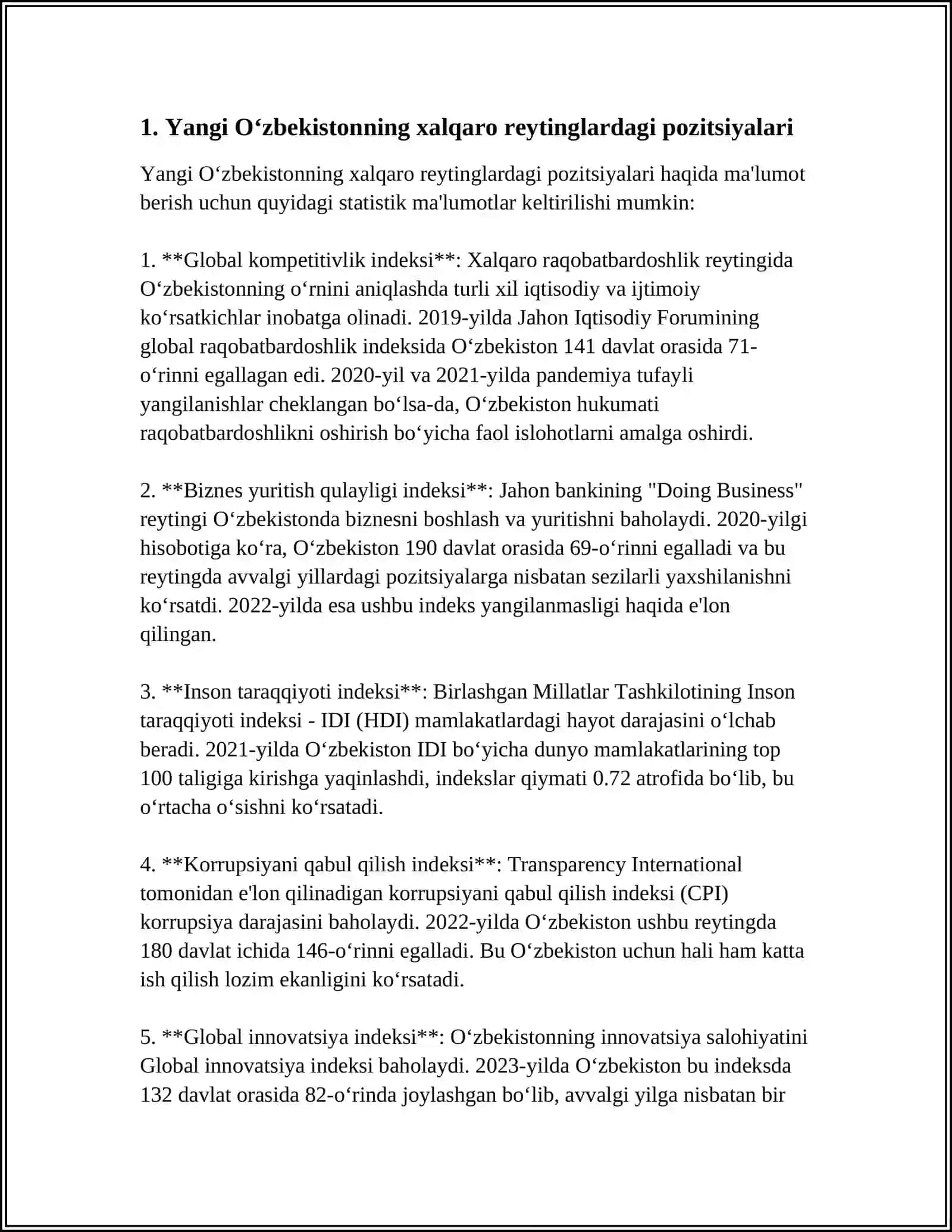 YANGI O‘ZBEKISTON IJTIMOIY-SIYOSIY, IQTISODIY VA MADANIY HAYOTIDA ROʻY BERAYOTGAN OʻZGARISHLARNING XALQARO REYTING VA INDEKSLARDA AKS ETISHI 4