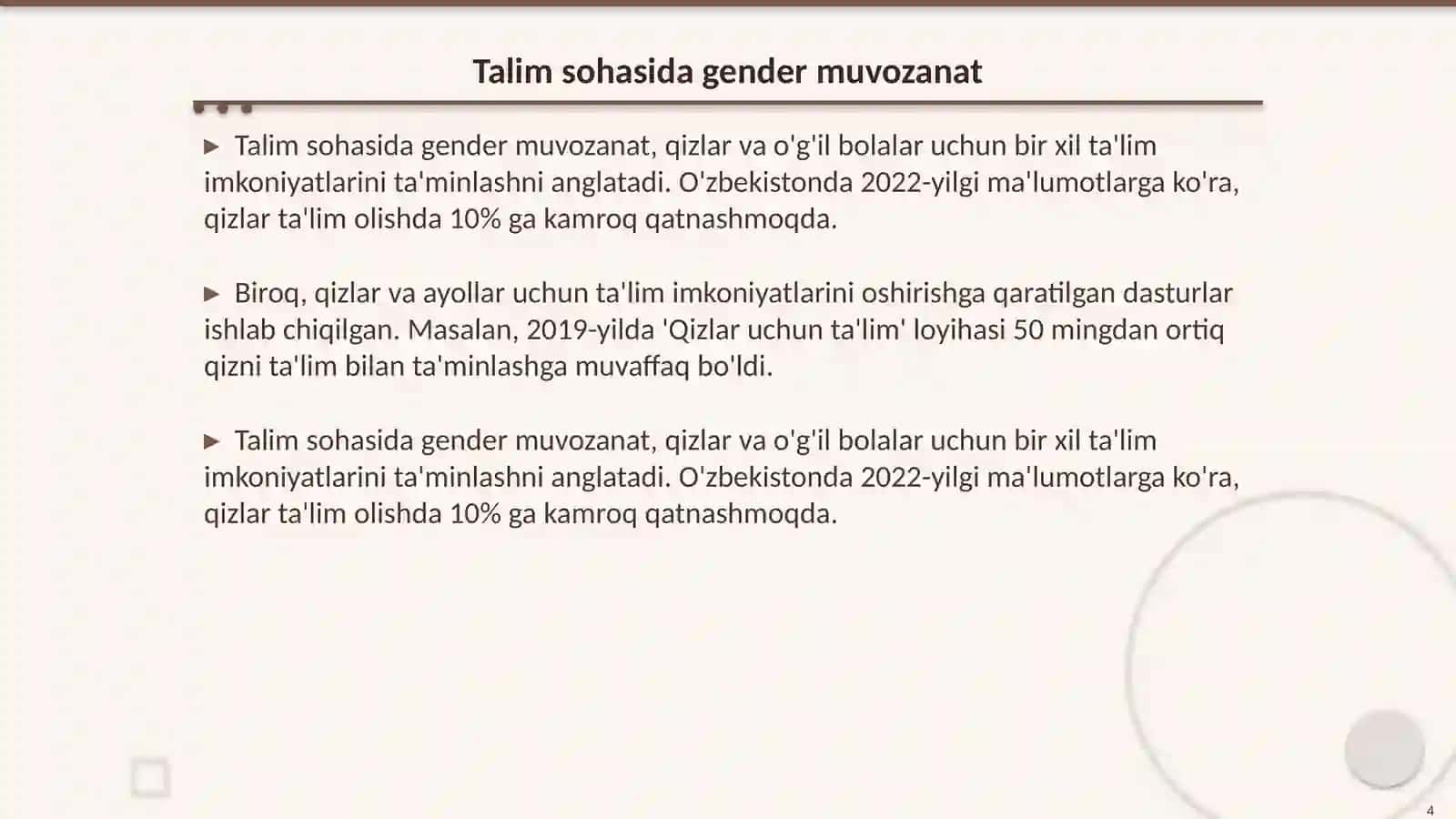 Talim va bandlik sohasida gender muvozanat 4