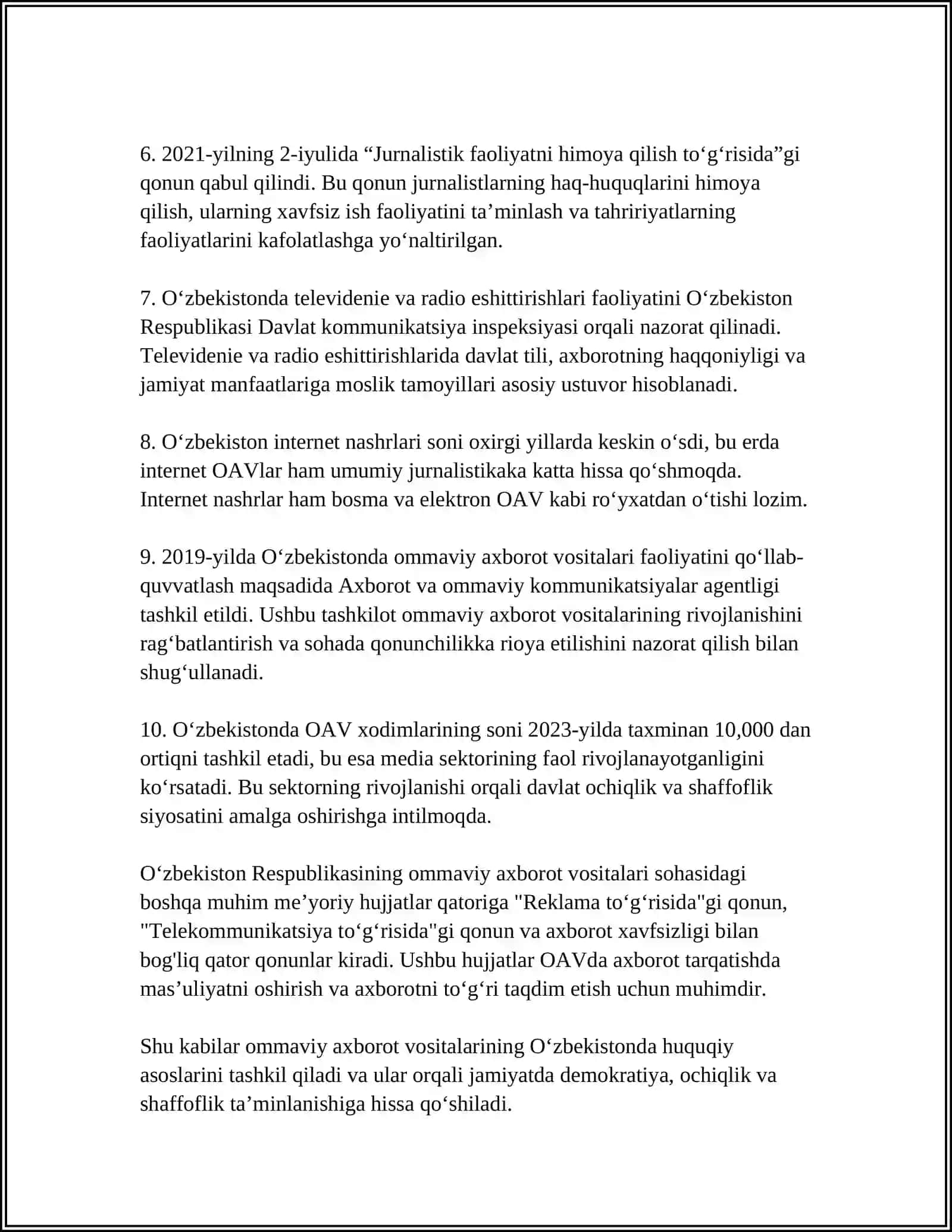 OʻZBEKISTON RESPUBLIKASIDA OMMAVIY AXBOROT VOSITALARINING FAOLIYATI 4