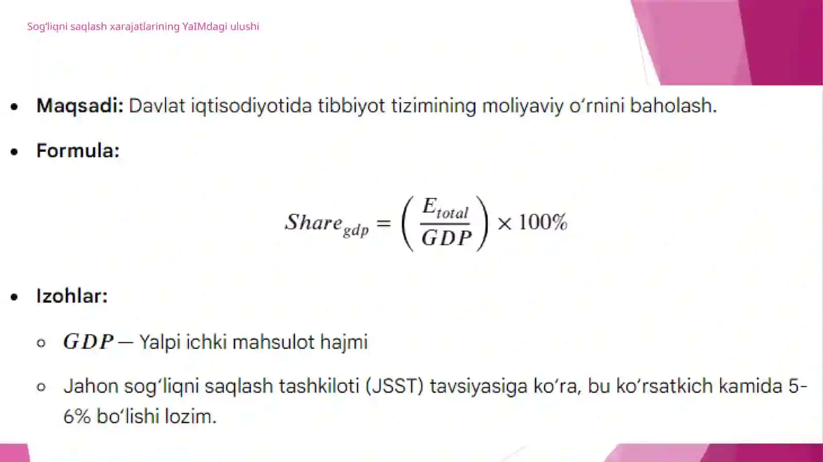 Sog'liqni saqlash iqtisodiyoti koʻrsatkichlarini hisoblash 4
