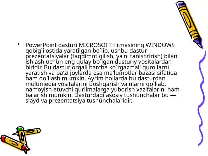 MAVZU BO’YICHA POWERPOINT DASTURI ASOSIDA TAQDIMOT TAYYORLASH 4