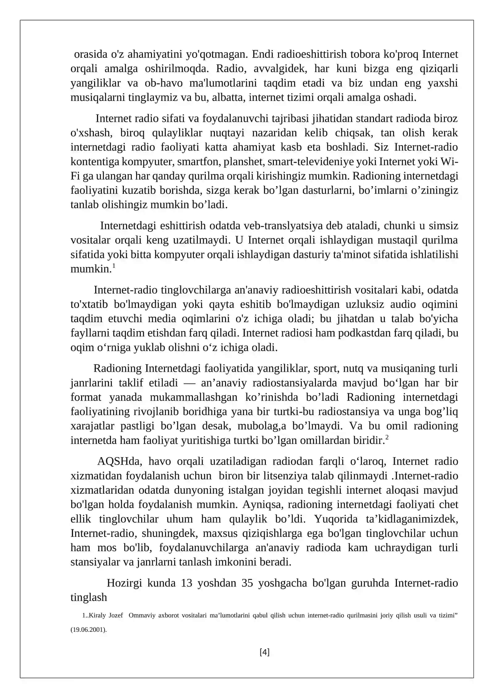 “Telekanallarning internetdagi faoliyati” fanidan “Internet tizimida radio” mavzusida KURS ISHI 4