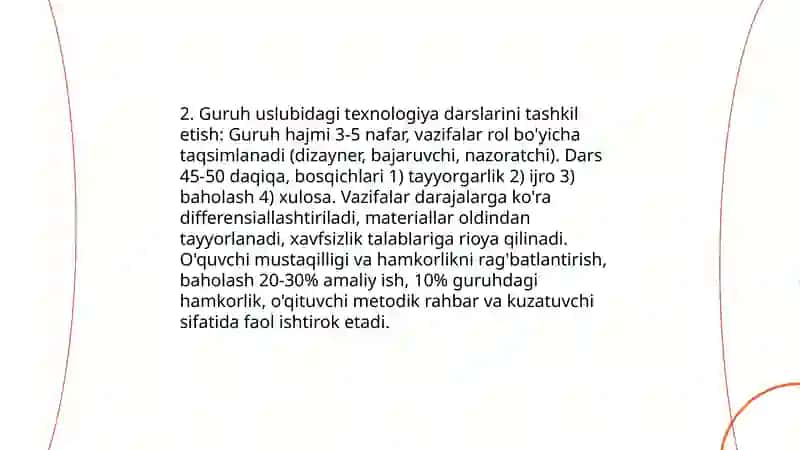 Texnologiya darslarini tashkil etish shakillari 4