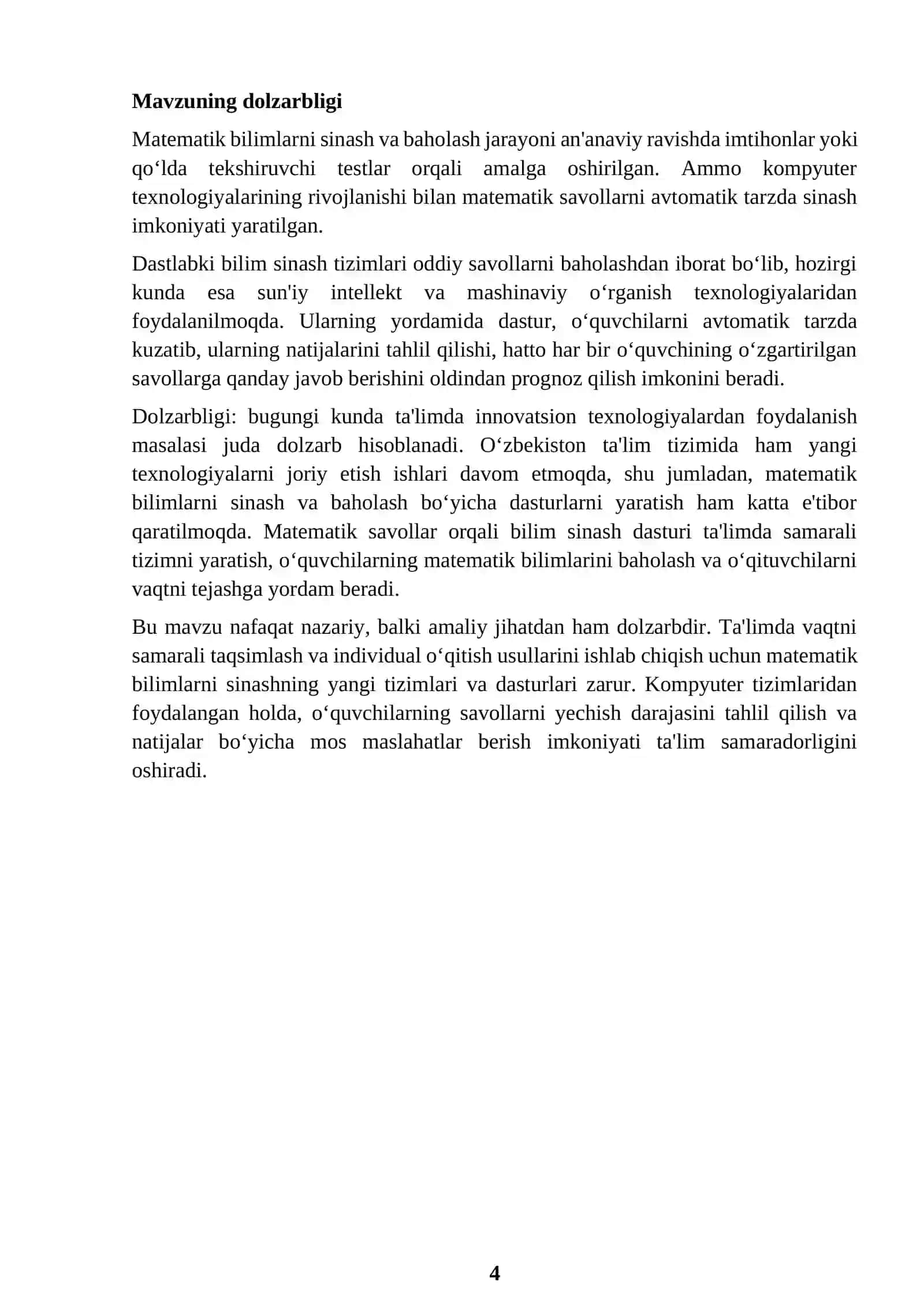 MATEMATIK SAVOLLAR ORQALI BILIM SINASH DASTURI 4