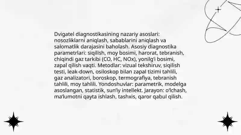 Dvigatelni nazorat-qarov va diagnostikalash ishlari texnologiyasi 4